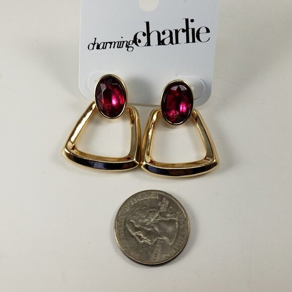 Charming Charlie Gold-Tone Drop Earrings w/ Pink Oval Stone, Elegant Post Dangle - Picture 4 of 9